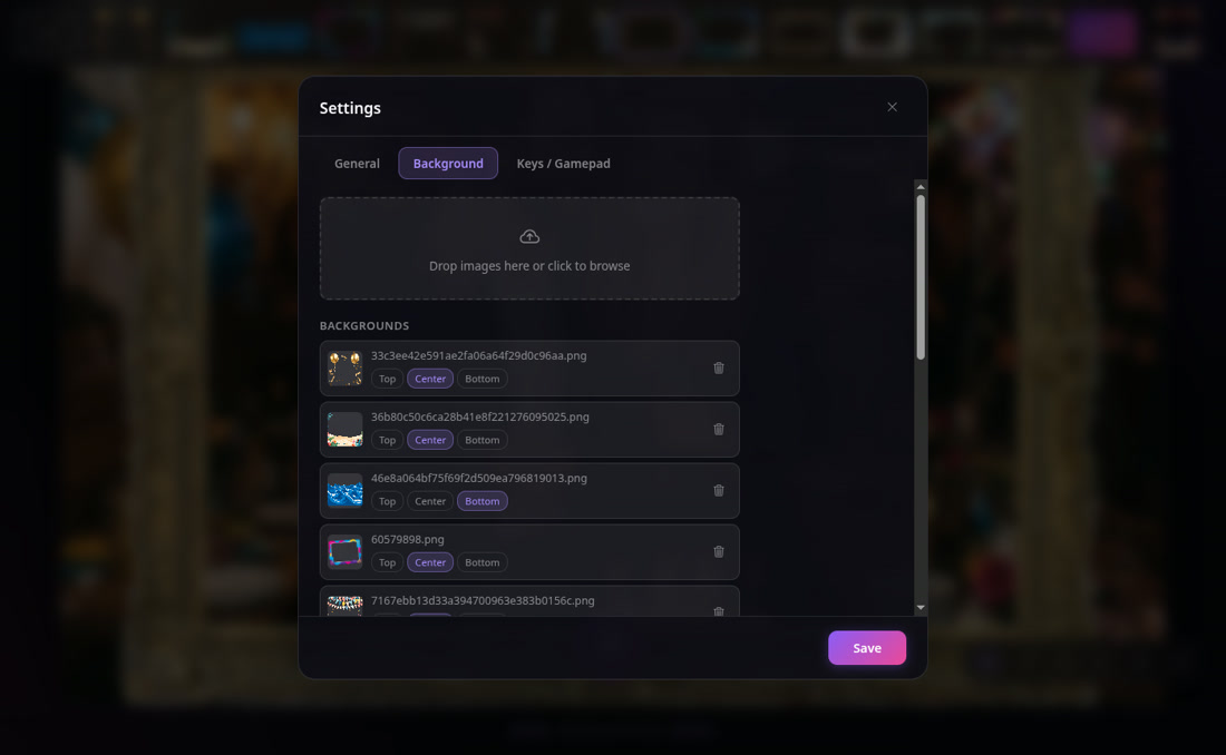 Settings, backgrounds tab