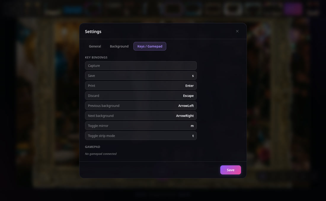 Settings, key bindings tab