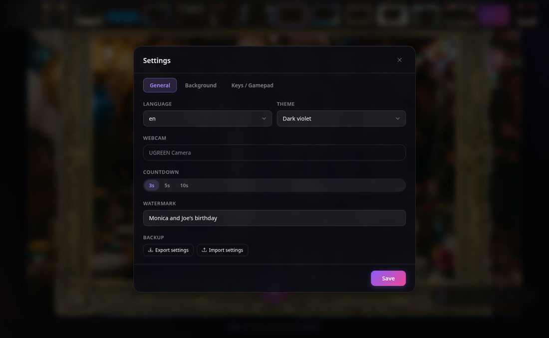 Settings, general tab
